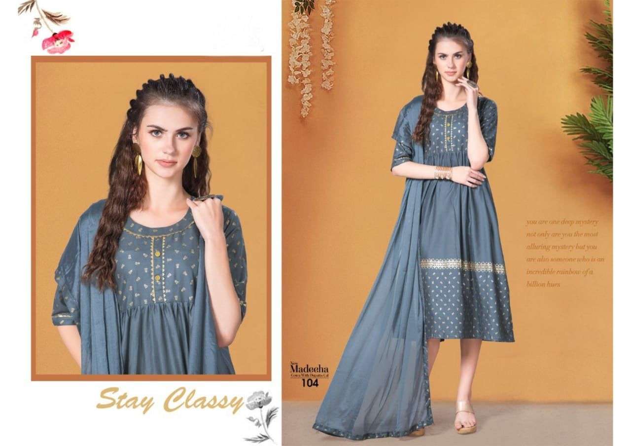 MADEEHA BY BEAUTY QUEEN 101 TO 108 SERIES BEAUTIFUL STYLISH FANCY COLORFUL CASUAL WEAR & ETHNIC WEAR RAYON FOIL PRINT WITH DUPATTA AT WHOLESALE PRICE