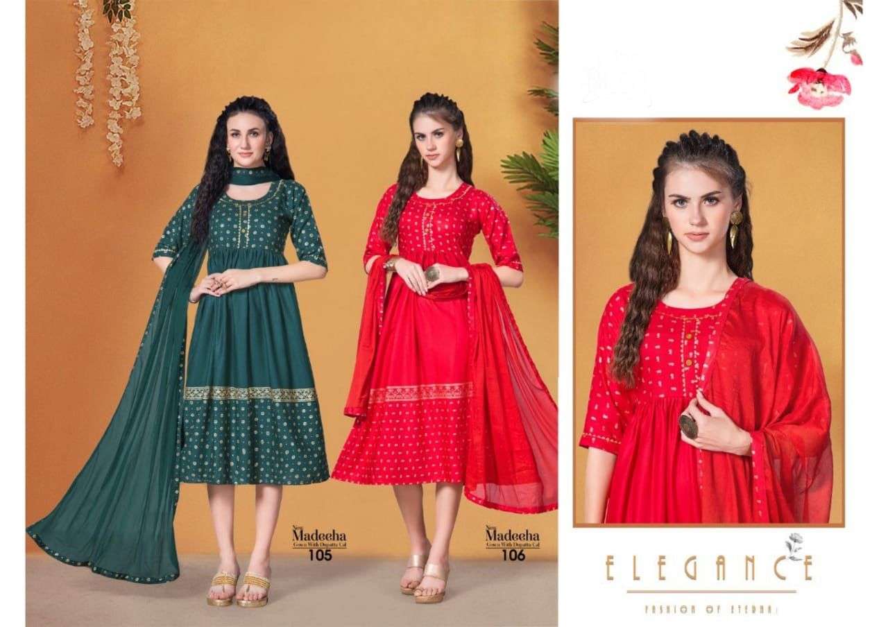 MADEEHA BY BEAUTY QUEEN 101 TO 108 SERIES BEAUTIFUL STYLISH FANCY COLORFUL CASUAL WEAR & ETHNIC WEAR RAYON FOIL PRINT WITH DUPATTA AT WHOLESALE PRICE
