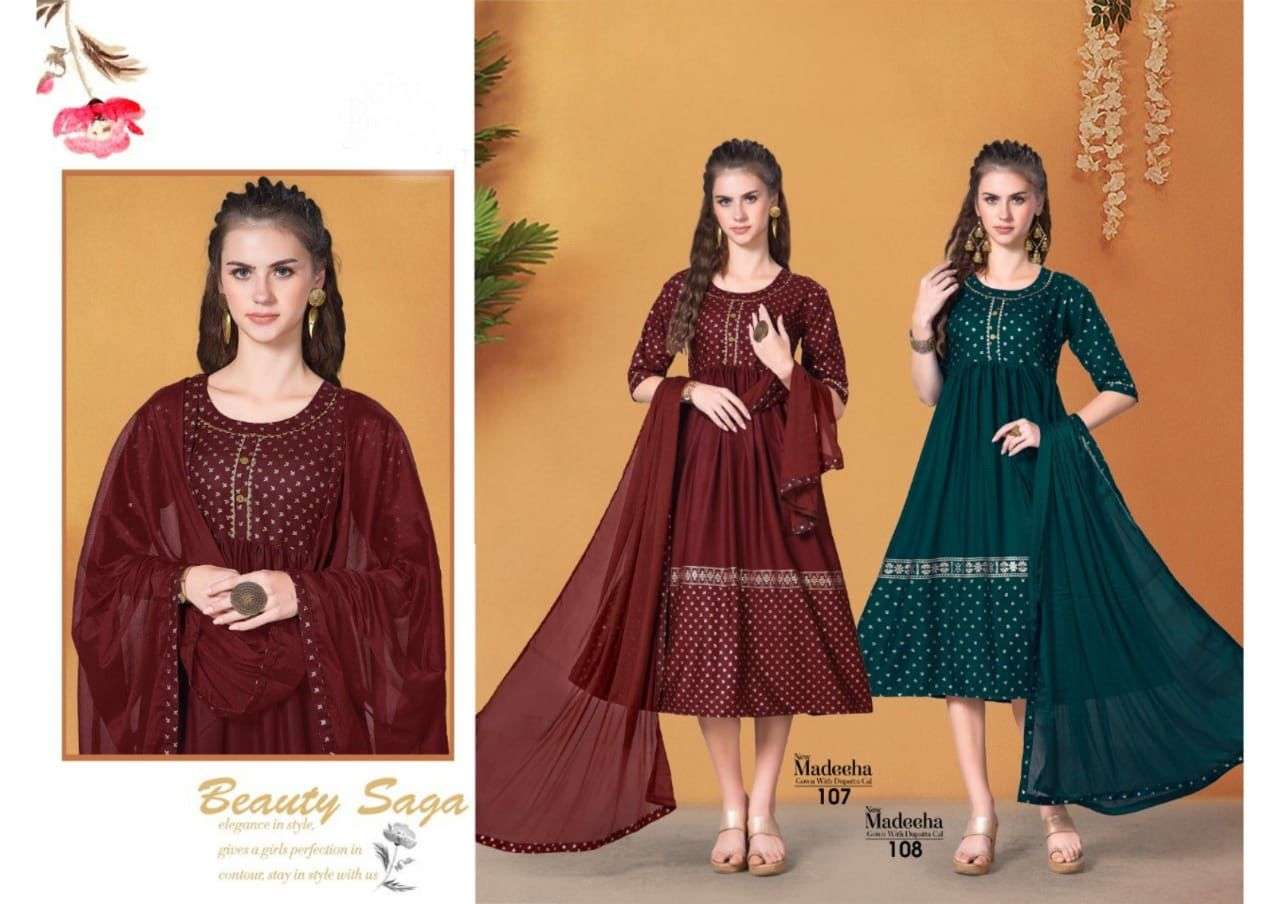 MADEEHA BY BEAUTY QUEEN 101 TO 108 SERIES BEAUTIFUL STYLISH FANCY COLORFUL CASUAL WEAR & ETHNIC WEAR RAYON FOIL PRINT WITH DUPATTA AT WHOLESALE PRICE