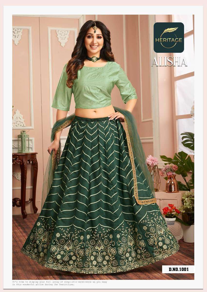 ALISHA BY HERITAGE 1001 TO 1006 SERIES DESIGNER BEAUTIFUL NAVRATRI COLLECTION OCCASIONAL WEAR & PARTY WEAR CHANDERI LEHENGAS AT WHOLESALE PRICE