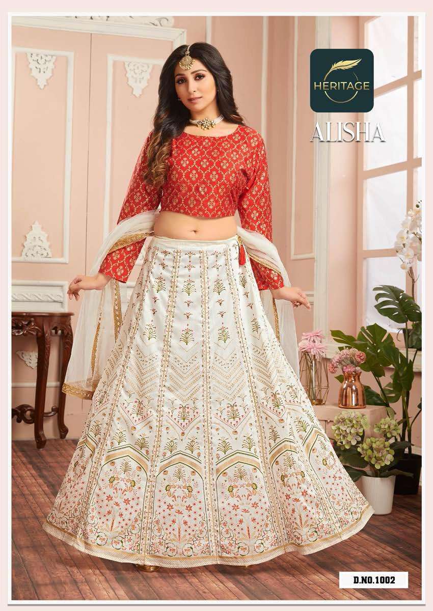 ALISHA BY HERITAGE 1001 TO 1006 SERIES DESIGNER BEAUTIFUL NAVRATRI COLLECTION OCCASIONAL WEAR & PARTY WEAR CHANDERI LEHENGAS AT WHOLESALE PRICE