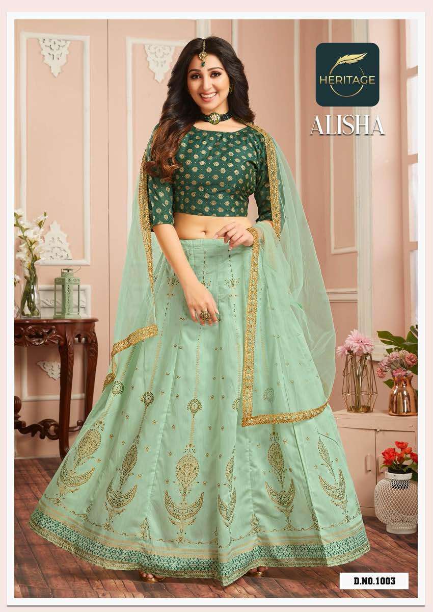 ALISHA BY HERITAGE 1001 TO 1006 SERIES DESIGNER BEAUTIFUL NAVRATRI COLLECTION OCCASIONAL WEAR & PARTY WEAR CHANDERI LEHENGAS AT WHOLESALE PRICE