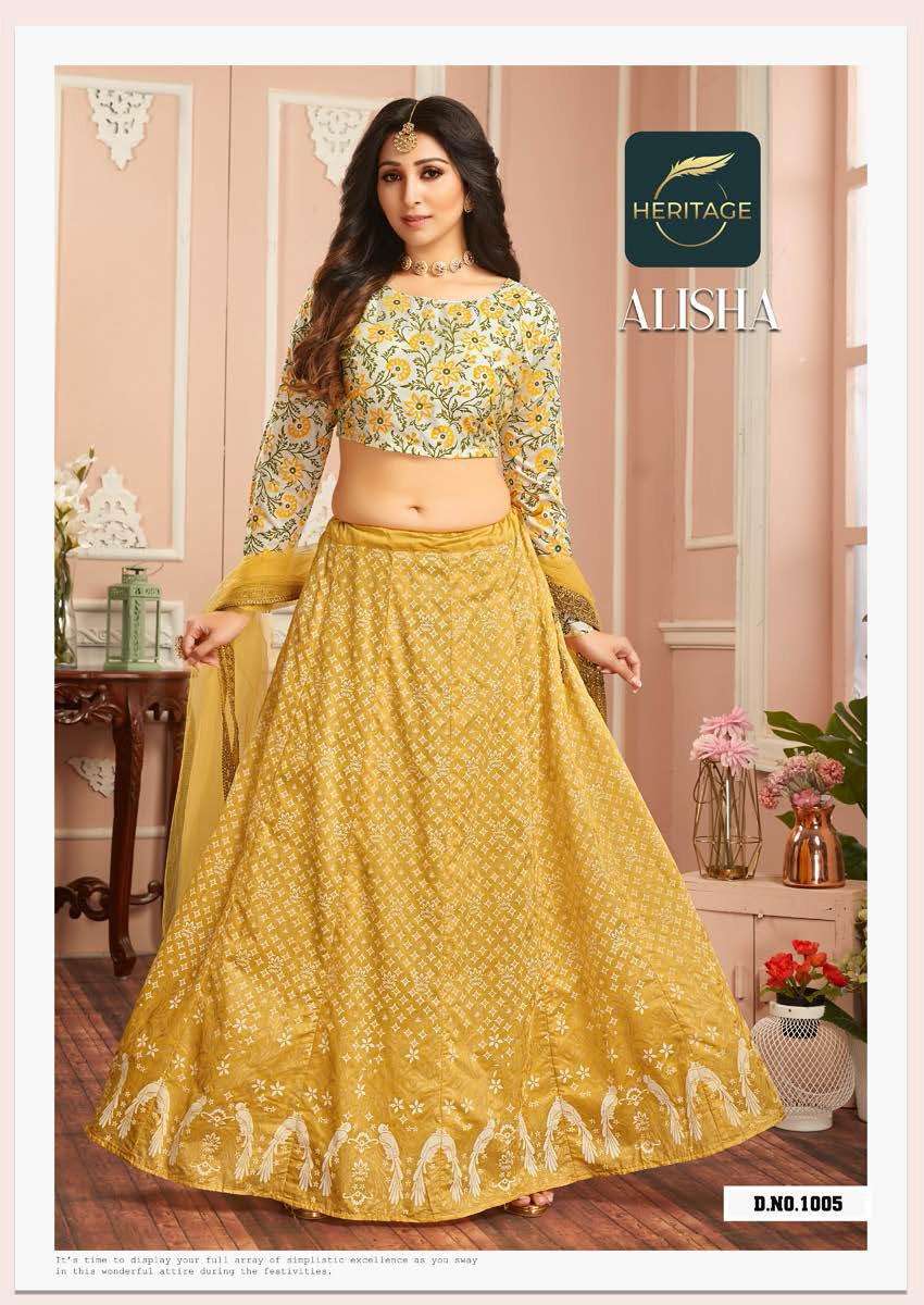 ALISHA BY HERITAGE 1001 TO 1006 SERIES DESIGNER BEAUTIFUL NAVRATRI COLLECTION OCCASIONAL WEAR & PARTY WEAR CHANDERI LEHENGAS AT WHOLESALE PRICE
