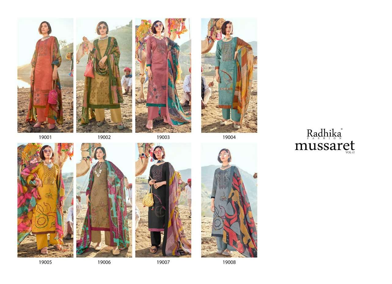 MUSSARET VOL-17 BY AZARA 19001 TO 19008 SERIES BEAUTIFUL COLORFUL STYLISH PRETTY PARTY WEAR CASUAL WEAR OCCASIONAL WEAR PURE CAMBRIC COTTON PRINT WITH EMBROIDERED DRESSES AT WHOLESALE PRICE