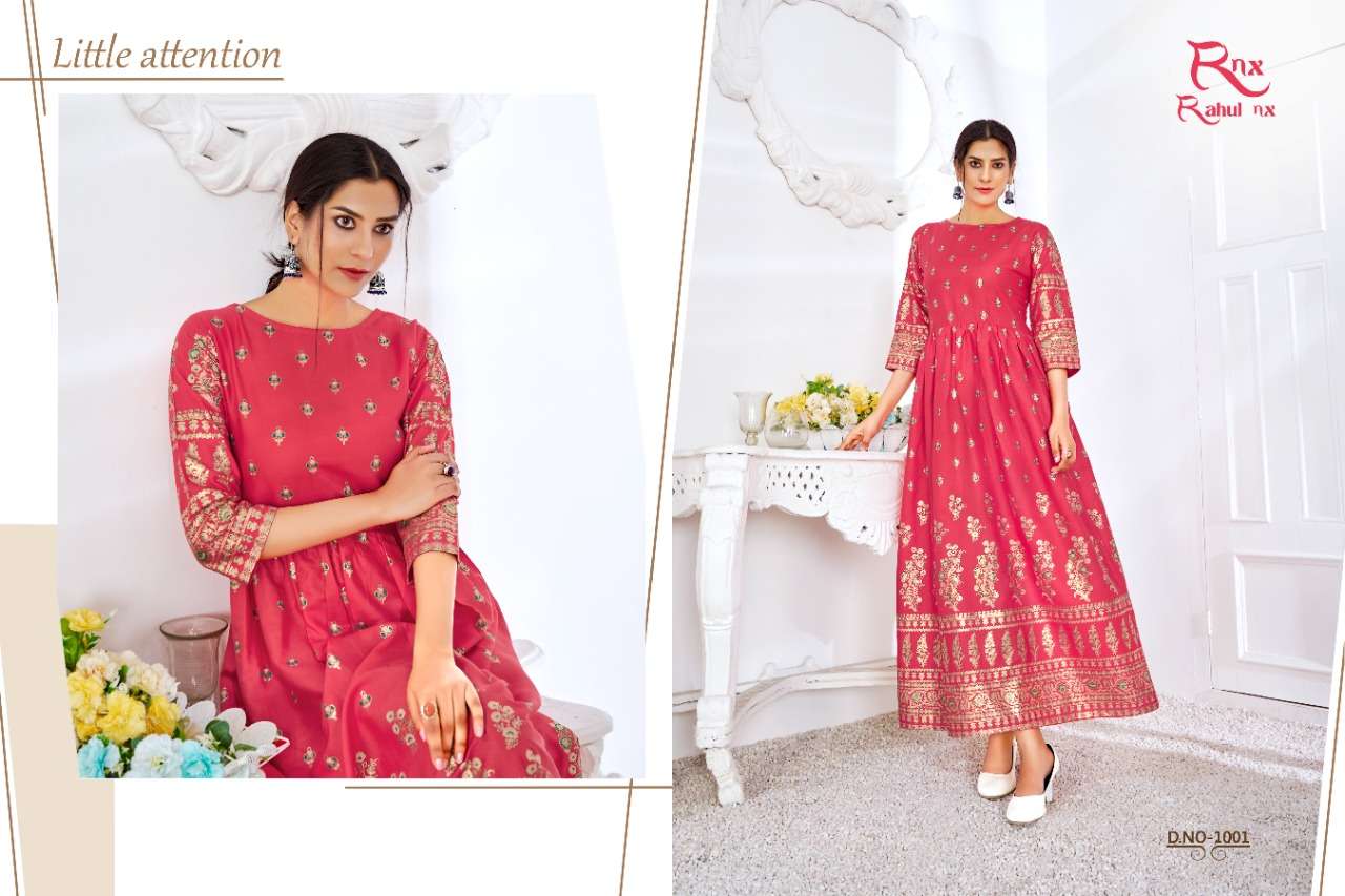MINAKARI VOL-2 BY RAHUL NX 1001 TO 1008 SERIES BEAUTIFUL STYLISH FANCY COLORFUL CASUAL WEAR & ETHNIC WEAR PURE RAYON FOIL PRINT GOWNS WITH DUPATTA AT WHOLESALE PRICE