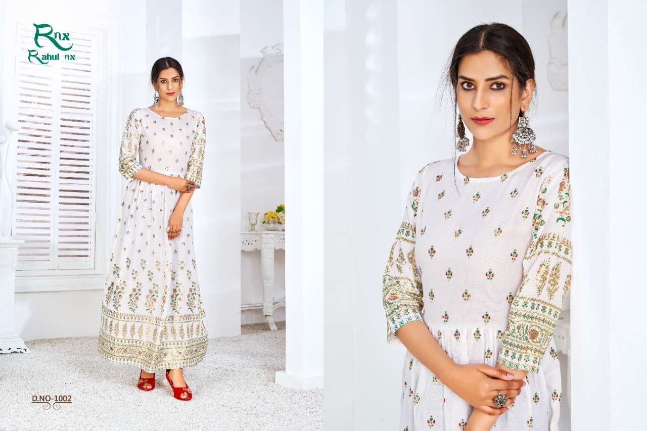 MINAKARI VOL-2 BY RAHUL NX 1001 TO 1008 SERIES BEAUTIFUL STYLISH FANCY COLORFUL CASUAL WEAR & ETHNIC WEAR PURE RAYON FOIL PRINT GOWNS WITH DUPATTA AT WHOLESALE PRICE