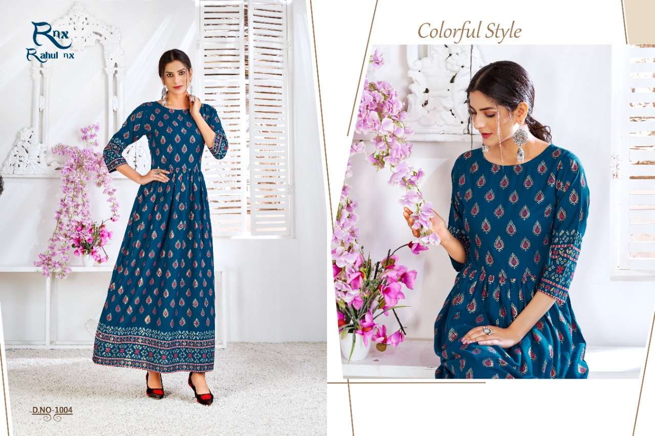 MINAKARI VOL-2 BY RAHUL NX 1001 TO 1008 SERIES BEAUTIFUL STYLISH FANCY COLORFUL CASUAL WEAR & ETHNIC WEAR PURE RAYON FOIL PRINT GOWNS WITH DUPATTA AT WHOLESALE PRICE