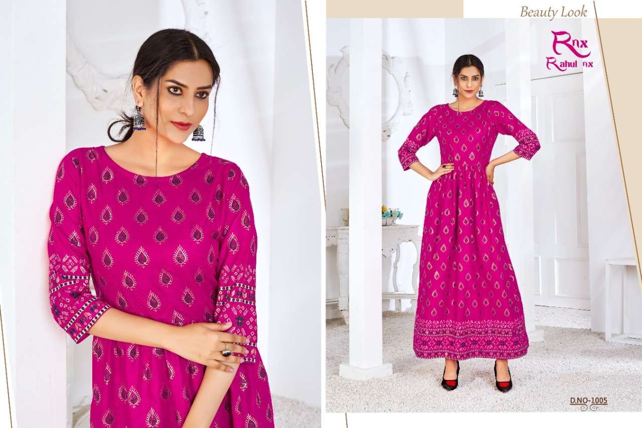 MINAKARI VOL-2 BY RAHUL NX 1001 TO 1008 SERIES BEAUTIFUL STYLISH FANCY COLORFUL CASUAL WEAR & ETHNIC WEAR PURE RAYON FOIL PRINT GOWNS WITH DUPATTA AT WHOLESALE PRICE