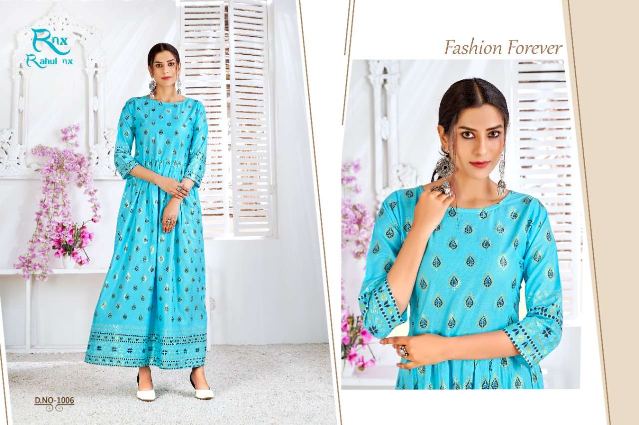 MINAKARI VOL-2 BY RAHUL NX 1001 TO 1008 SERIES BEAUTIFUL STYLISH FANCY COLORFUL CASUAL WEAR & ETHNIC WEAR PURE RAYON FOIL PRINT GOWNS WITH DUPATTA AT WHOLESALE PRICE