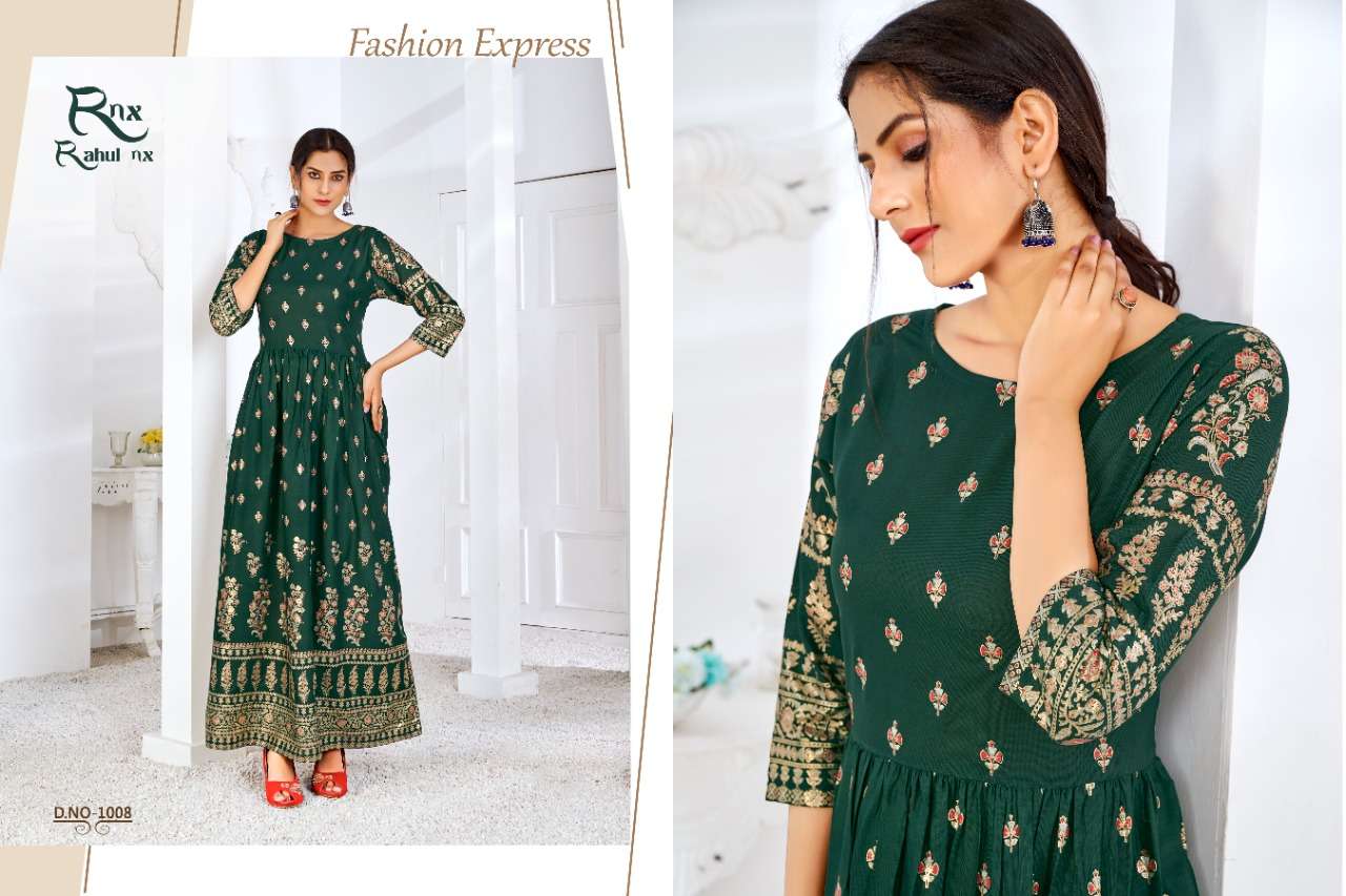 MINAKARI VOL-2 BY RAHUL NX 1001 TO 1008 SERIES BEAUTIFUL STYLISH FANCY COLORFUL CASUAL WEAR & ETHNIC WEAR PURE RAYON FOIL PRINT GOWNS WITH DUPATTA AT WHOLESALE PRICE