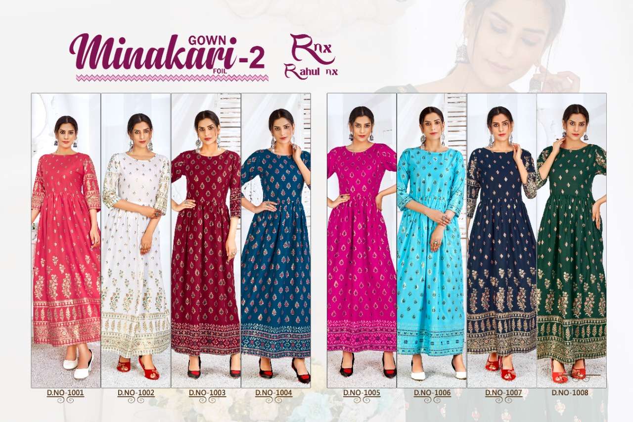 MINAKARI VOL-2 BY RAHUL NX 1001 TO 1008 SERIES BEAUTIFUL STYLISH FANCY COLORFUL CASUAL WEAR & ETHNIC WEAR PURE RAYON FOIL PRINT GOWNS WITH DUPATTA AT WHOLESALE PRICE