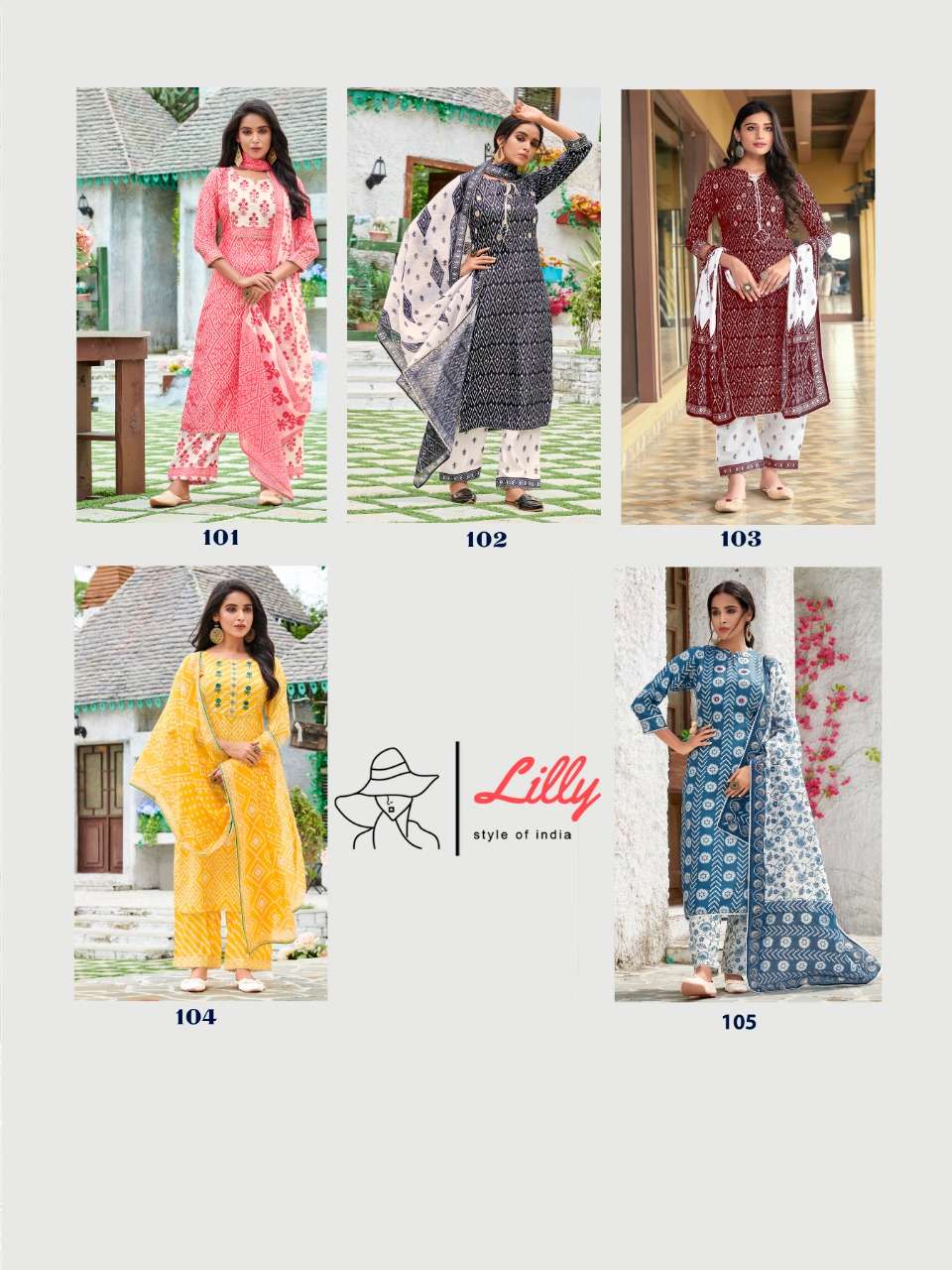 SAKIRA NX BY LILLY 101 TO 105 SERIES BEAUTIFUL SUITS COLORFUL STYLISH FANCY CASUAL WEAR & ETHNIC WEAR LINEN COTTON PRINT DRESSES AT WHOLESALE PRICE