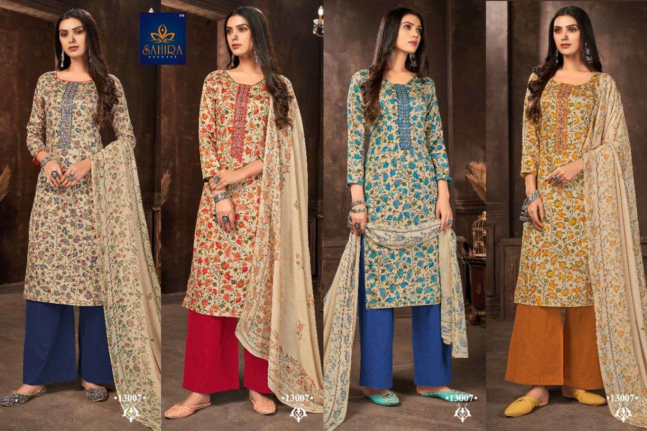 SAHIRA 13007 COLOURS BY SAHIRA EXPORTS 13007-A TO 13007-D SERIES BEAUTIFUL STYLISH SUITS FANCY COLORFUL CASUAL WEAR & ETHNIC WEAR & READY TO WEAR PURE JAM SILK COTTON PRINTED DRESSES AT WHOLESALE PRICE