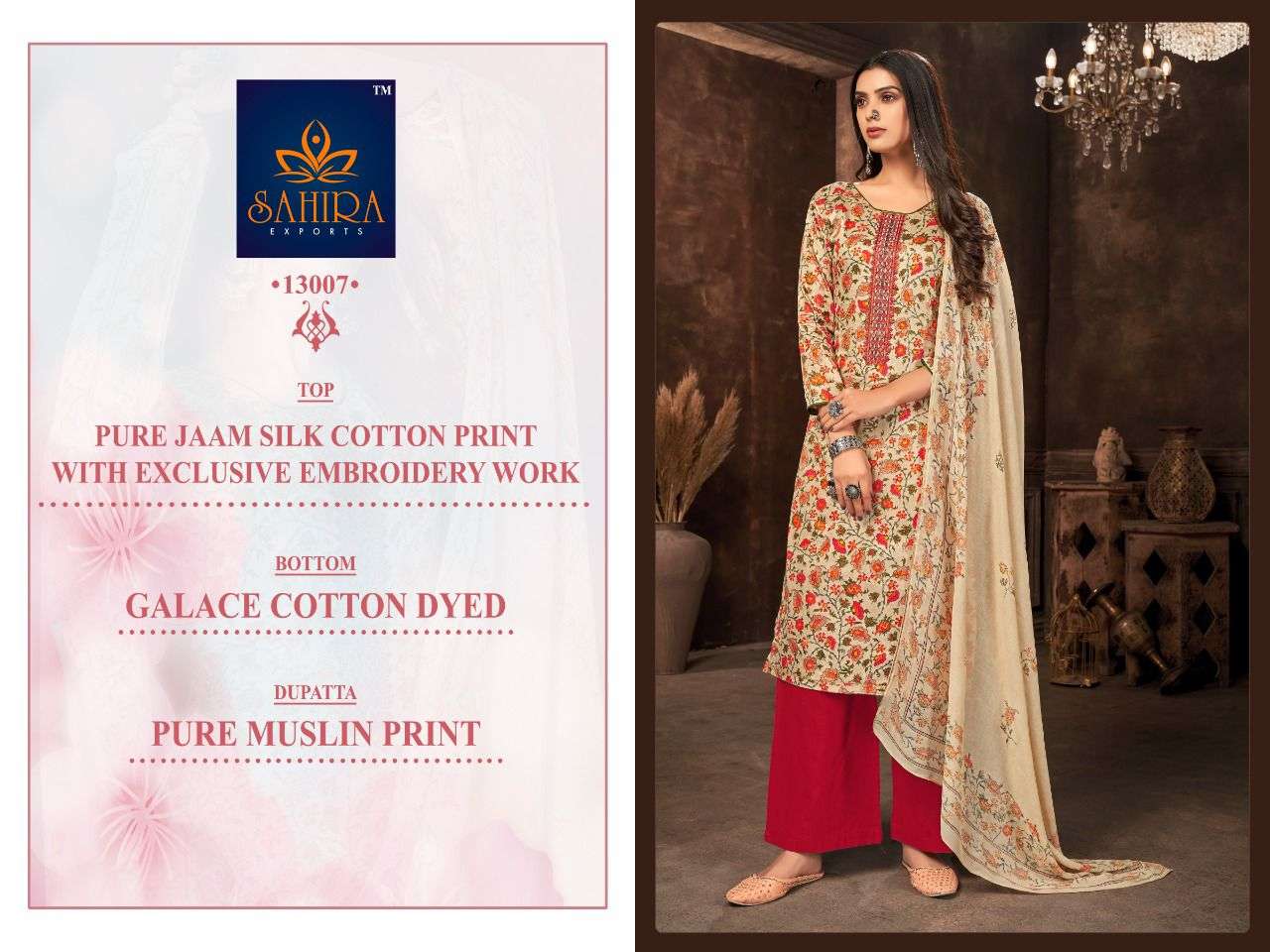 SAHIRA 13007 COLOURS BY SAHIRA EXPORTS 13007-A TO 13007-D SERIES BEAUTIFUL STYLISH SUITS FANCY COLORFUL CASUAL WEAR & ETHNIC WEAR & READY TO WEAR PURE JAM SILK COTTON PRINTED DRESSES AT WHOLESALE PRICE