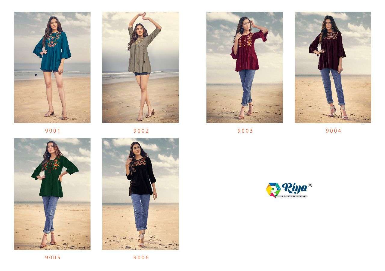 COMPASS VOL-9 BY RIYA DESIGNER 9001 TO 9006 SERIES BEAUTIFUL COLORFUL STYLISH FANCY CASUAL WEAR & READY TO WEAR PURE RAYON DYED TOPS AT WHOLESALE PRICE