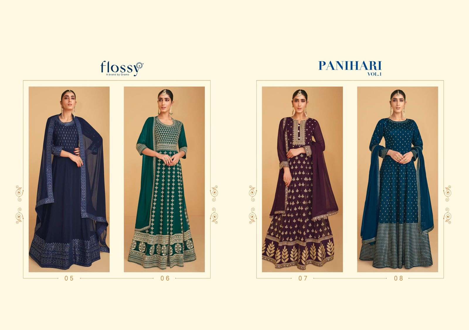 PANIHARI VOL-1 BY FLOSSY 05 TO 08 SERIES BEAUTIFUL SHARARA SUITS COLORFUL STYLISH FANCY CASUAL WEAR & ETHNIC WEAR REAL GEORGETTE EMBROIDERED DRESSES AT WHOLESALE PRICE