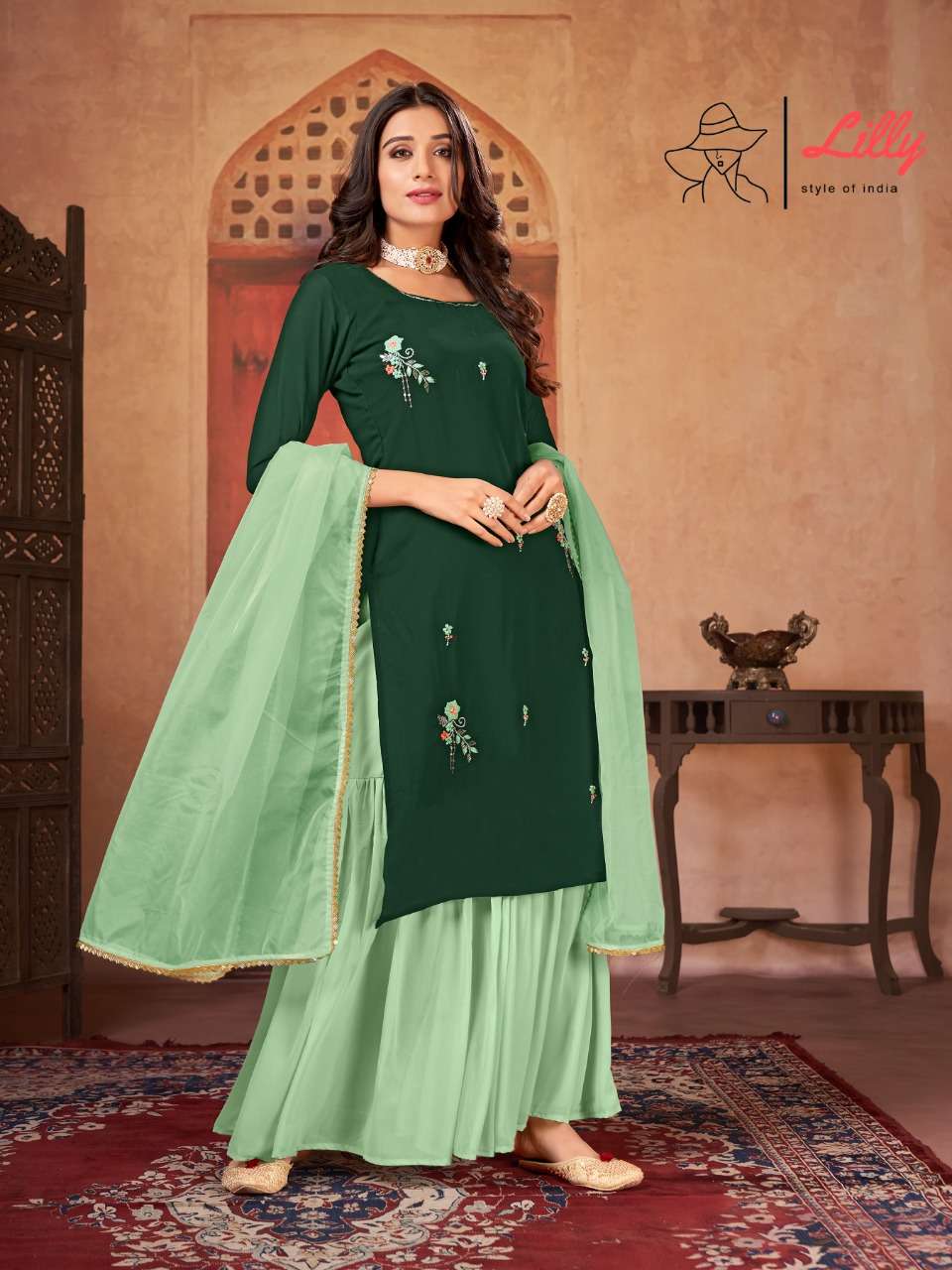 BENCHMARK BY LILLY 3001 TO 3002 SERIES BEAUTIFUL SHARARA SUITS COLORFUL STYLISH FANCY CASUAL WEAR & ETHNIC WEAR BLOOMING GEORGETTE DRESSES AT WHOLESALE PRICE