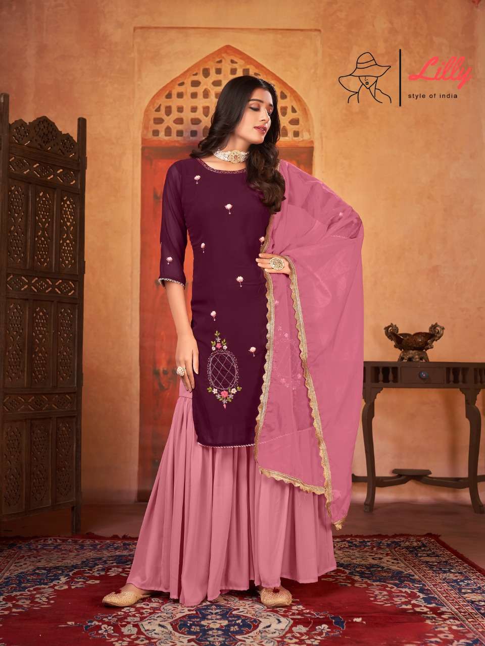 BENCHMARK BY LILLY 3001 TO 3002 SERIES BEAUTIFUL SHARARA SUITS COLORFUL STYLISH FANCY CASUAL WEAR & ETHNIC WEAR BLOOMING GEORGETTE DRESSES AT WHOLESALE PRICE