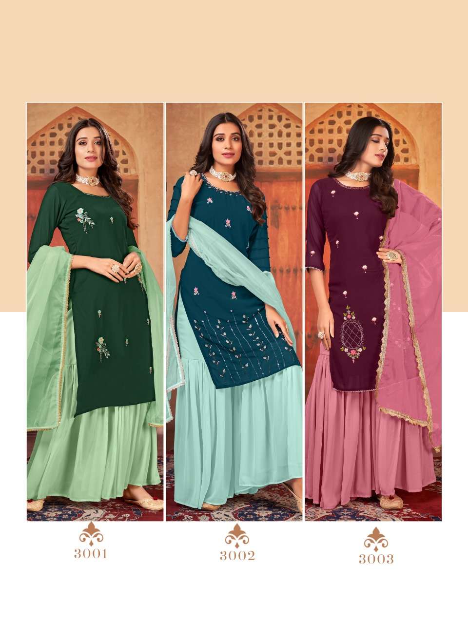 BENCHMARK BY LILLY 3001 TO 3002 SERIES BEAUTIFUL SHARARA SUITS COLORFUL STYLISH FANCY CASUAL WEAR & ETHNIC WEAR BLOOMING GEORGETTE DRESSES AT WHOLESALE PRICE