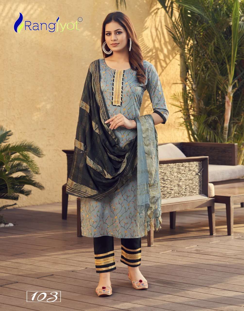 SAHELI BY RANGJYOT FASHION 101 TO 108 SERIES BEAUTIFUL SUITS COLORFUL STYLISH FANCY CASUAL WEAR & ETHNIC WEAR CHANDERI PRINT DRESSES AT WHOLESALE PRICE