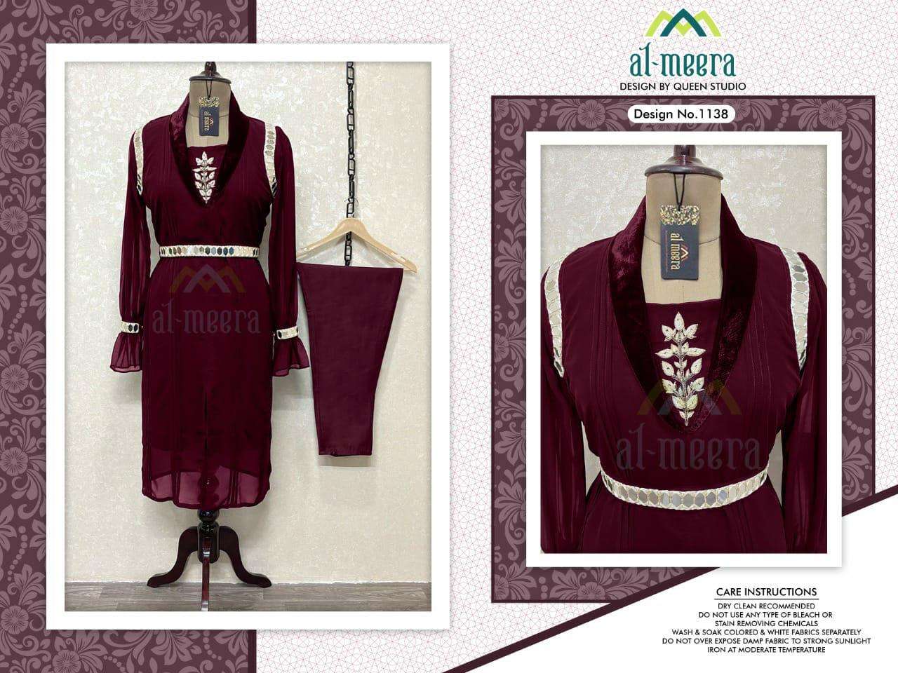 AL-MEERA HIT DESIGN 1138 COLOURS BY AL-MEERA 1138-A TO 1138-C SERIES STYLISH FANCY BEAUTIFUL COLORFUL CASUAL WEAR & ETHNIC WEAR FAUX GEORGETTE KURTIS WITH BOTTOM AT WHOLESALE PRICE