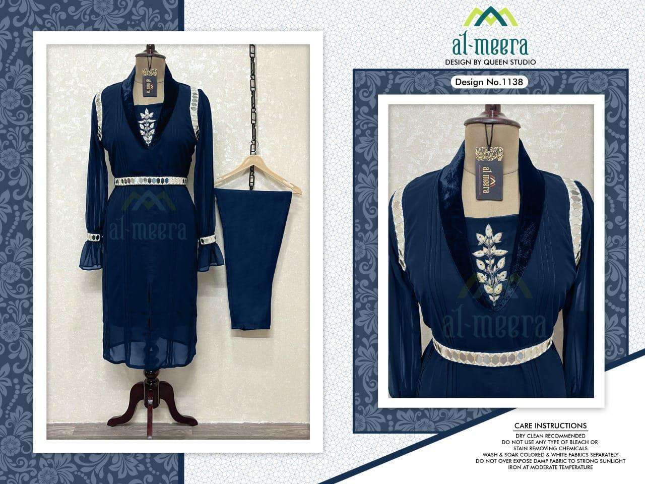 AL-MEERA HIT DESIGN 1138 COLOURS BY AL-MEERA 1138-A TO 1138-C SERIES STYLISH FANCY BEAUTIFUL COLORFUL CASUAL WEAR & ETHNIC WEAR FAUX GEORGETTE KURTIS WITH BOTTOM AT WHOLESALE PRICE