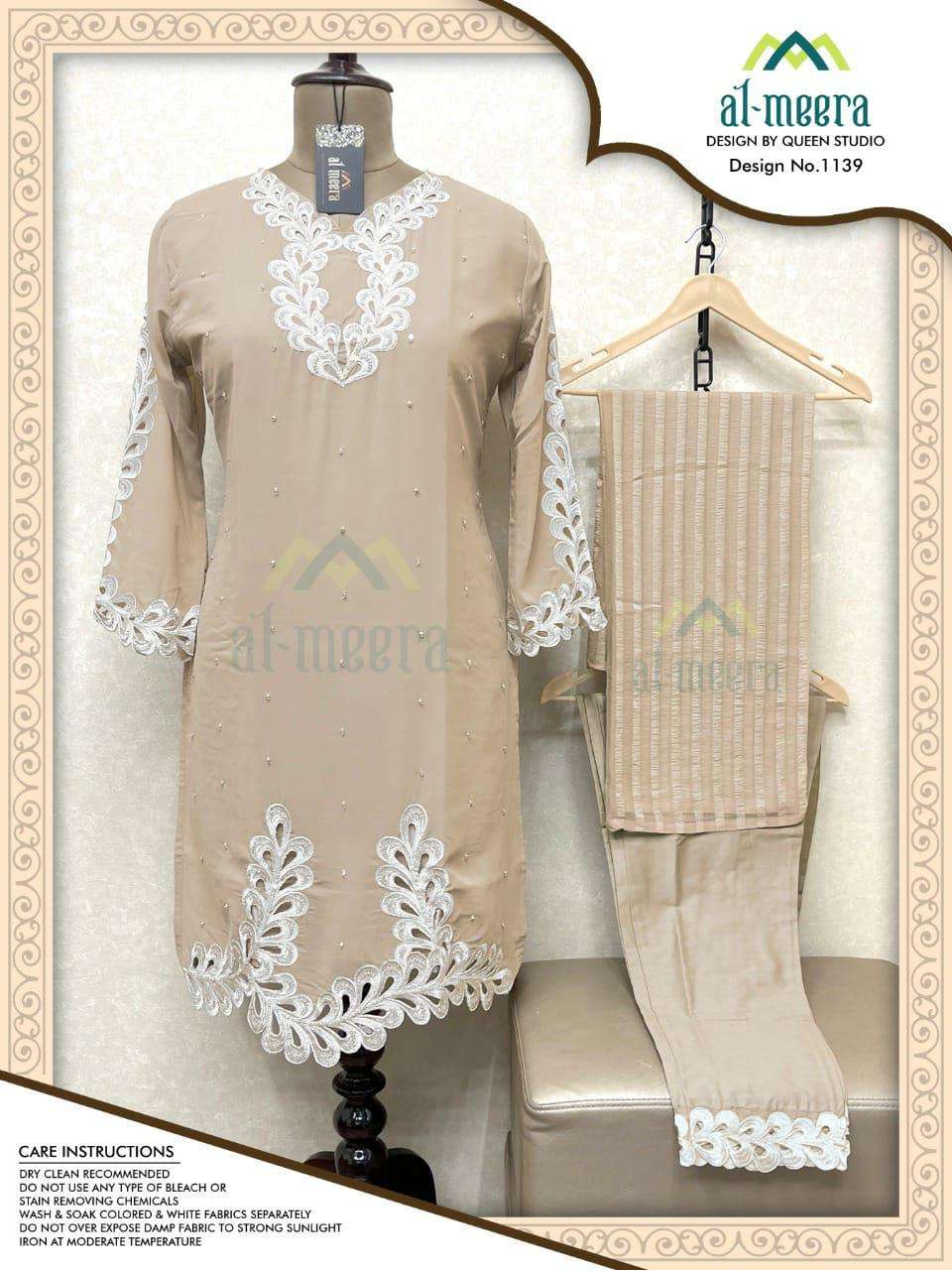 AL-MEERA HIT DESIGN 1139 COLOURS BY AL-MEERA 1139-A TO 1139-C SERIES STYLISH FANCY BEAUTIFUL COLORFUL CASUAL WEAR & ETHNIC WEAR FAUX GEORGETTE KURTIS WITH BOTTOM AT WHOLESALE PRICE