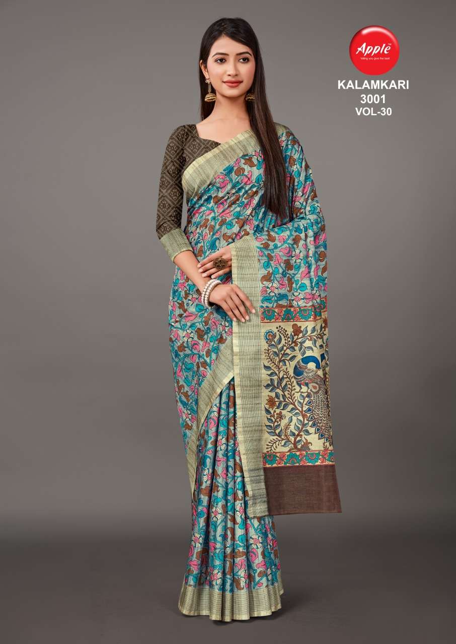 KALAMKARI VOL-30 BY APPLE 3001 TO 3008 SERIES INDIAN TRADITIONAL WEAR COLLECTION BEAUTIFUL STYLISH FANCY COLORFUL PARTY WEAR & OCCASIONAL WEAR MANIPURI SAREES AT WHOLESALE PRICE