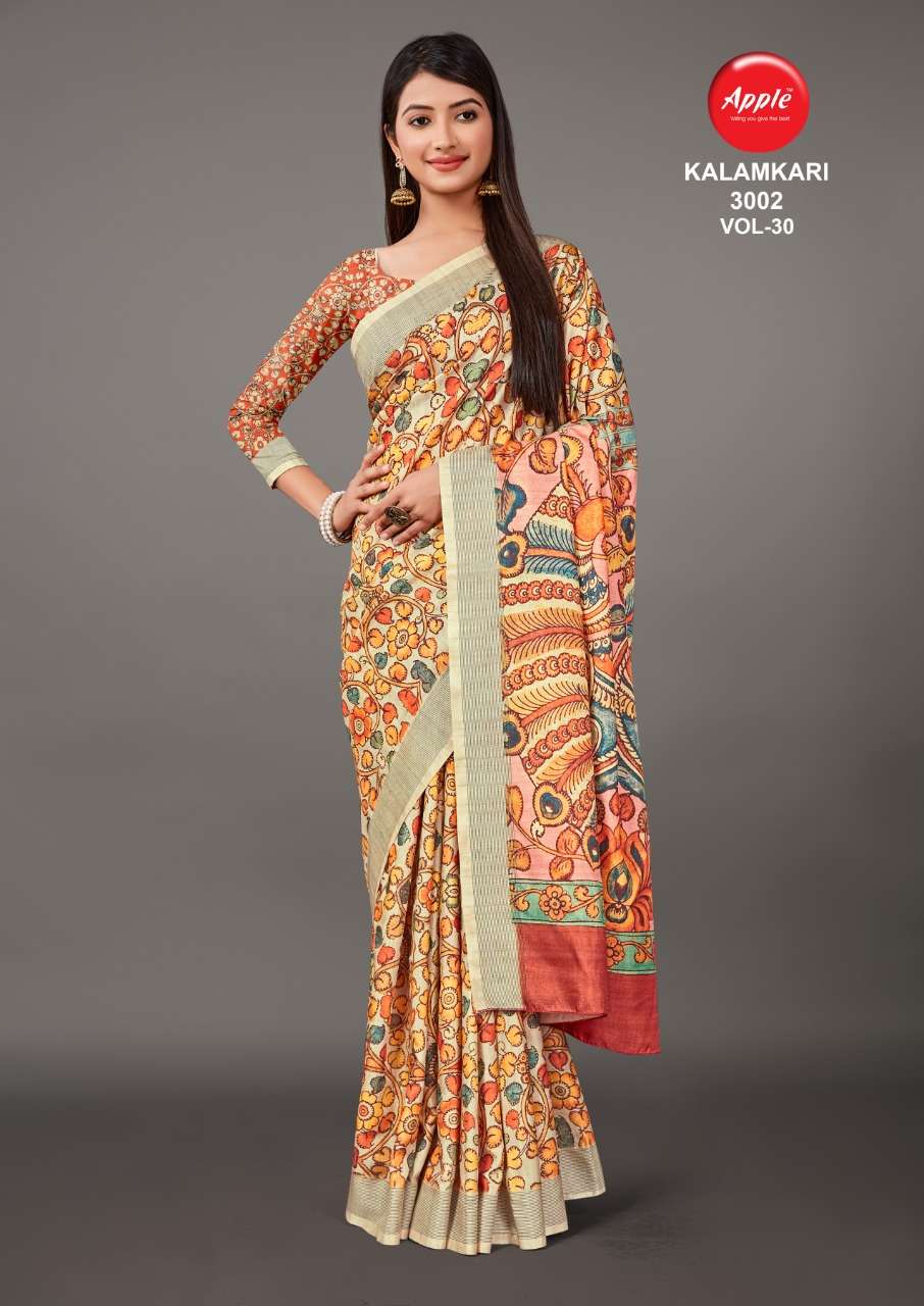 KALAMKARI VOL-30 BY APPLE 3001 TO 3008 SERIES INDIAN TRADITIONAL WEAR COLLECTION BEAUTIFUL STYLISH FANCY COLORFUL PARTY WEAR & OCCASIONAL WEAR MANIPURI SAREES AT WHOLESALE PRICE