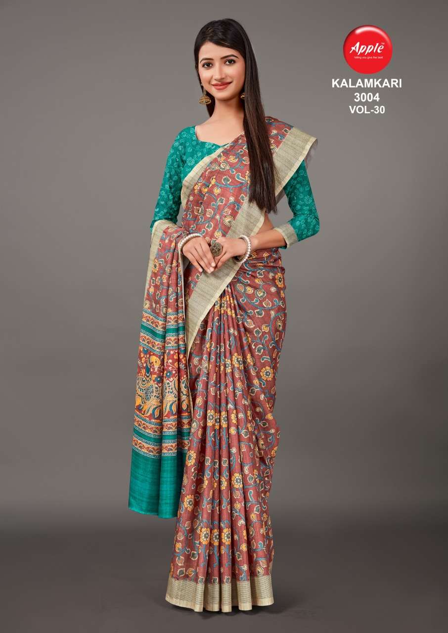 KALAMKARI VOL-30 BY APPLE 3001 TO 3008 SERIES INDIAN TRADITIONAL WEAR COLLECTION BEAUTIFUL STYLISH FANCY COLORFUL PARTY WEAR & OCCASIONAL WEAR MANIPURI SAREES AT WHOLESALE PRICE