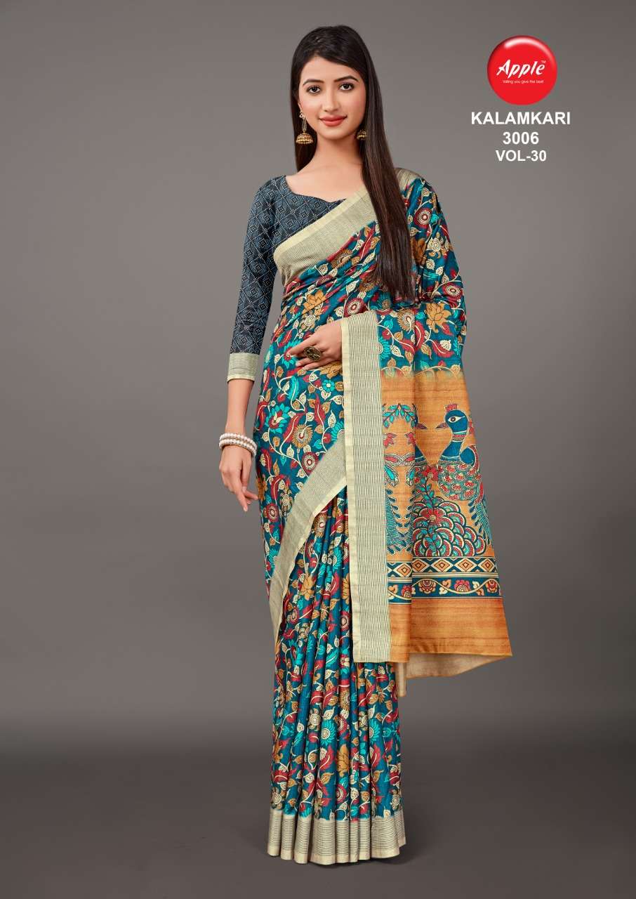 KALAMKARI VOL-30 BY APPLE 3001 TO 3008 SERIES INDIAN TRADITIONAL WEAR COLLECTION BEAUTIFUL STYLISH FANCY COLORFUL PARTY WEAR & OCCASIONAL WEAR MANIPURI SAREES AT WHOLESALE PRICE