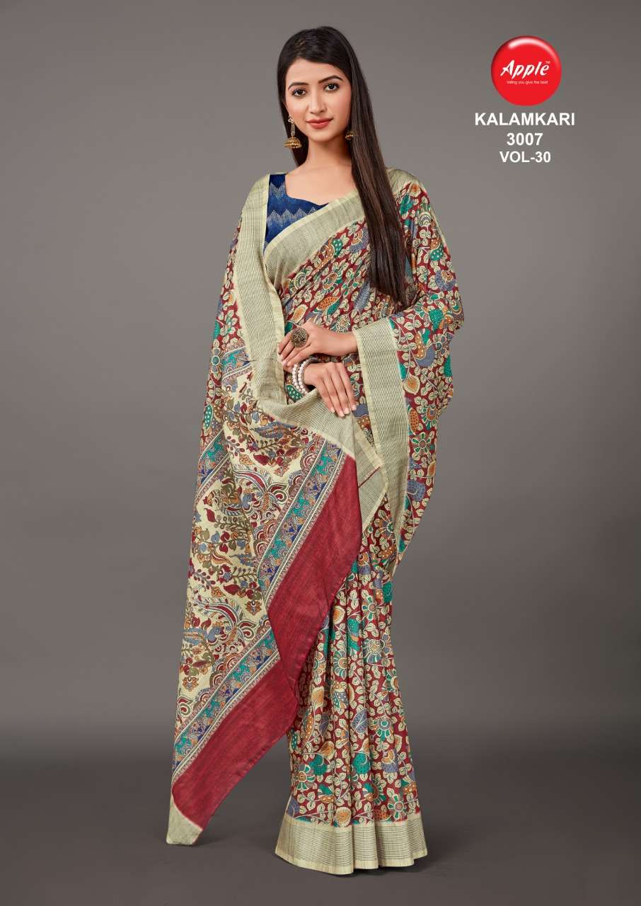 KALAMKARI VOL-30 BY APPLE 3001 TO 3008 SERIES INDIAN TRADITIONAL WEAR COLLECTION BEAUTIFUL STYLISH FANCY COLORFUL PARTY WEAR & OCCASIONAL WEAR MANIPURI SAREES AT WHOLESALE PRICE