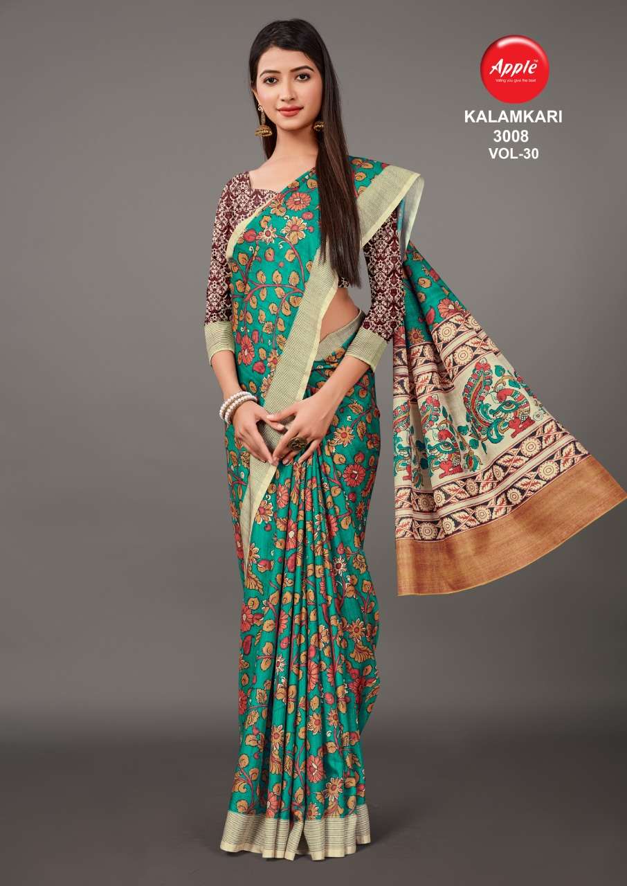 KALAMKARI VOL-30 BY APPLE 3001 TO 3008 SERIES INDIAN TRADITIONAL WEAR COLLECTION BEAUTIFUL STYLISH FANCY COLORFUL PARTY WEAR & OCCASIONAL WEAR MANIPURI SAREES AT WHOLESALE PRICE