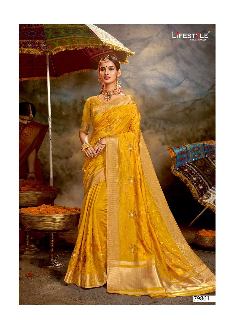 SUNNY DAYS BY LIFESTYLE 79861 TO 79866 SERIES INDIAN TRADITIONAL WEAR COLLECTION BEAUTIFUL STYLISH FANCY COLORFUL PARTY WEAR & OCCASIONAL WEAR ORGANZA SAREES AT WHOLESALE PRICE