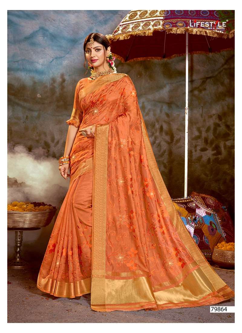 SUNNY DAYS BY LIFESTYLE 79861 TO 79866 SERIES INDIAN TRADITIONAL WEAR COLLECTION BEAUTIFUL STYLISH FANCY COLORFUL PARTY WEAR & OCCASIONAL WEAR ORGANZA SAREES AT WHOLESALE PRICE