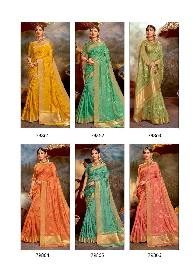 SUNNY DAYS BY LIFESTYLE 79861 TO 79866 SERIES INDIAN TRADITIONAL WEAR COLLECTION BEAUTIFUL STYLISH FANCY COLORFUL PARTY WEAR & OCCASIONAL WEAR ORGANZA SAREES AT WHOLESALE PRICE