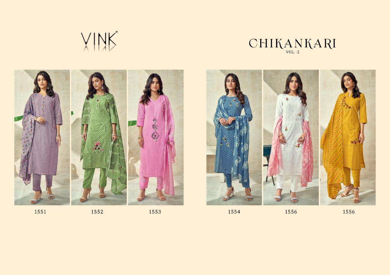 CHIKANKARI VOL-2 BY VINK 1551 TO 1556 SERIES BEAUTIFUL SUITS COLORFUL STYLISH FANCY CASUAL WEAR & ETHNIC WEAR PURE COTTON EMBROIDERED DRESSES AT WHOLESALE PRICE