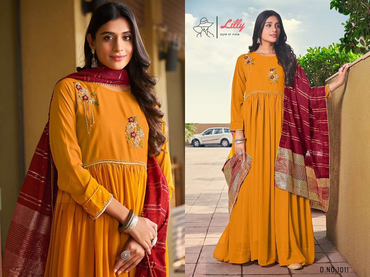 GOWN BY LILLY BEAUTIFUL STYLISH FANCY COLORFUL CASUAL WEAR & ETHNIC WEAR BLOOMING GEORGETTE GOWNS AT WHOLESALE PRICE