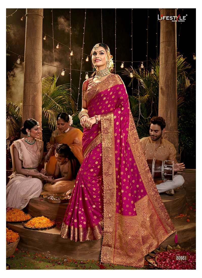 MEHNDI KE RANG BY LIFESTYLE 80981 TO 80986 SERIES INDIAN TRADITIONAL WEAR COLLECTION BEAUTIFUL STYLISH FANCY COLORFUL PARTY WEAR & OCCASIONAL WEAR NYLON DOLA SAREES AT WHOLESALE PRICE