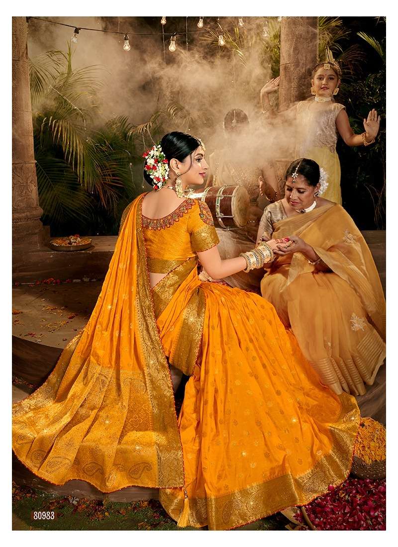 MEHNDI KE RANG BY LIFESTYLE 80981 TO 80986 SERIES INDIAN TRADITIONAL WEAR COLLECTION BEAUTIFUL STYLISH FANCY COLORFUL PARTY WEAR & OCCASIONAL WEAR NYLON DOLA SAREES AT WHOLESALE PRICE