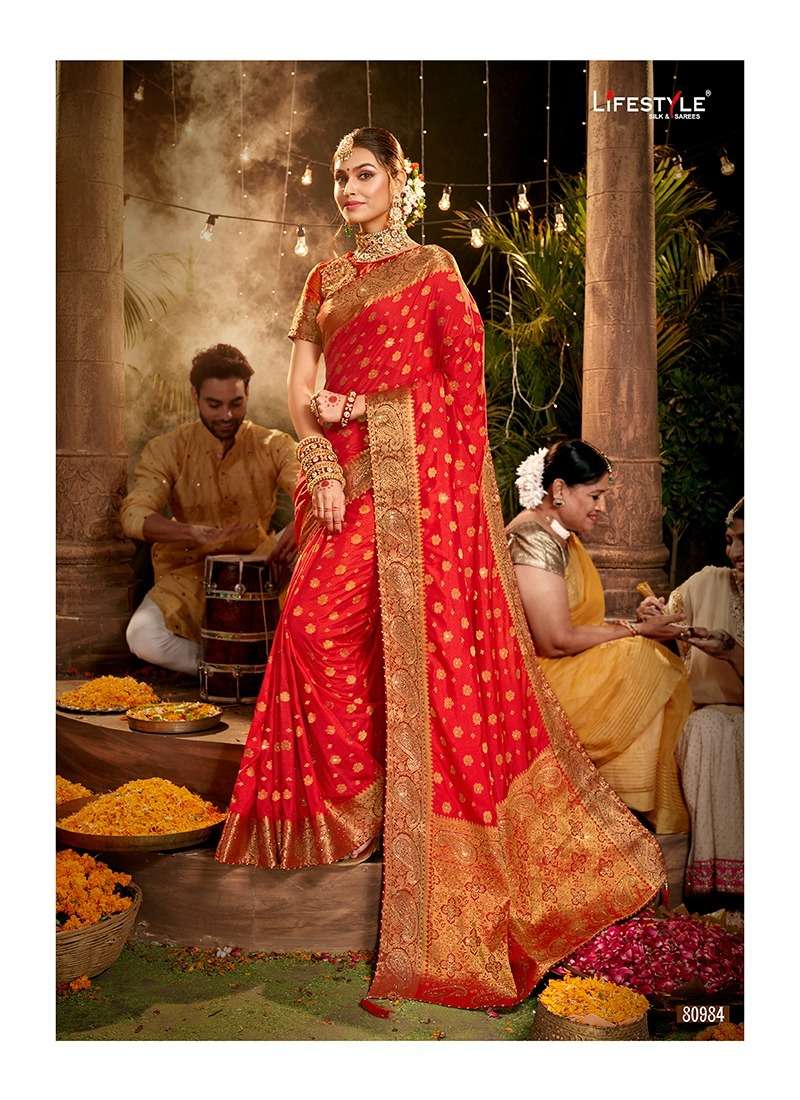 MEHNDI KE RANG BY LIFESTYLE 80981 TO 80986 SERIES INDIAN TRADITIONAL WEAR COLLECTION BEAUTIFUL STYLISH FANCY COLORFUL PARTY WEAR & OCCASIONAL WEAR NYLON DOLA SAREES AT WHOLESALE PRICE