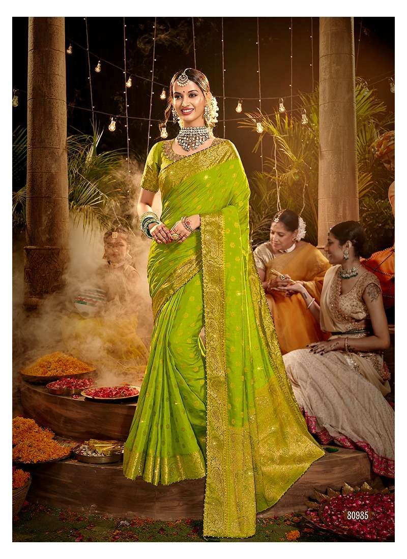 MEHNDI KE RANG BY LIFESTYLE 80981 TO 80986 SERIES INDIAN TRADITIONAL WEAR COLLECTION BEAUTIFUL STYLISH FANCY COLORFUL PARTY WEAR & OCCASIONAL WEAR NYLON DOLA SAREES AT WHOLESALE PRICE