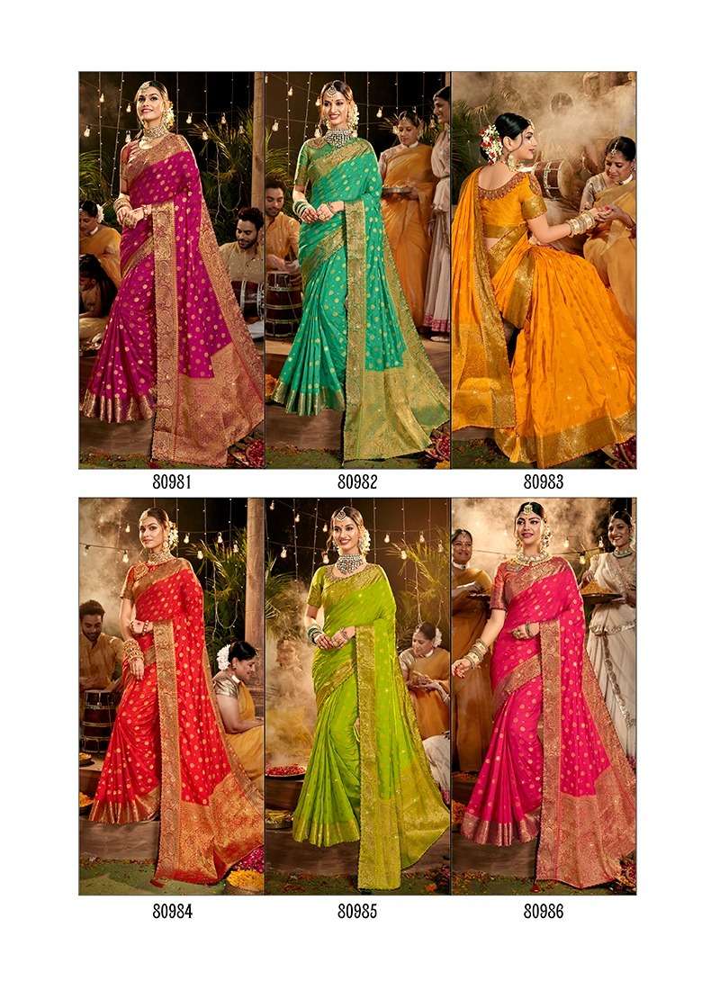 MEHNDI KE RANG BY LIFESTYLE 80981 TO 80986 SERIES INDIAN TRADITIONAL WEAR COLLECTION BEAUTIFUL STYLISH FANCY COLORFUL PARTY WEAR & OCCASIONAL WEAR NYLON DOLA SAREES AT WHOLESALE PRICE