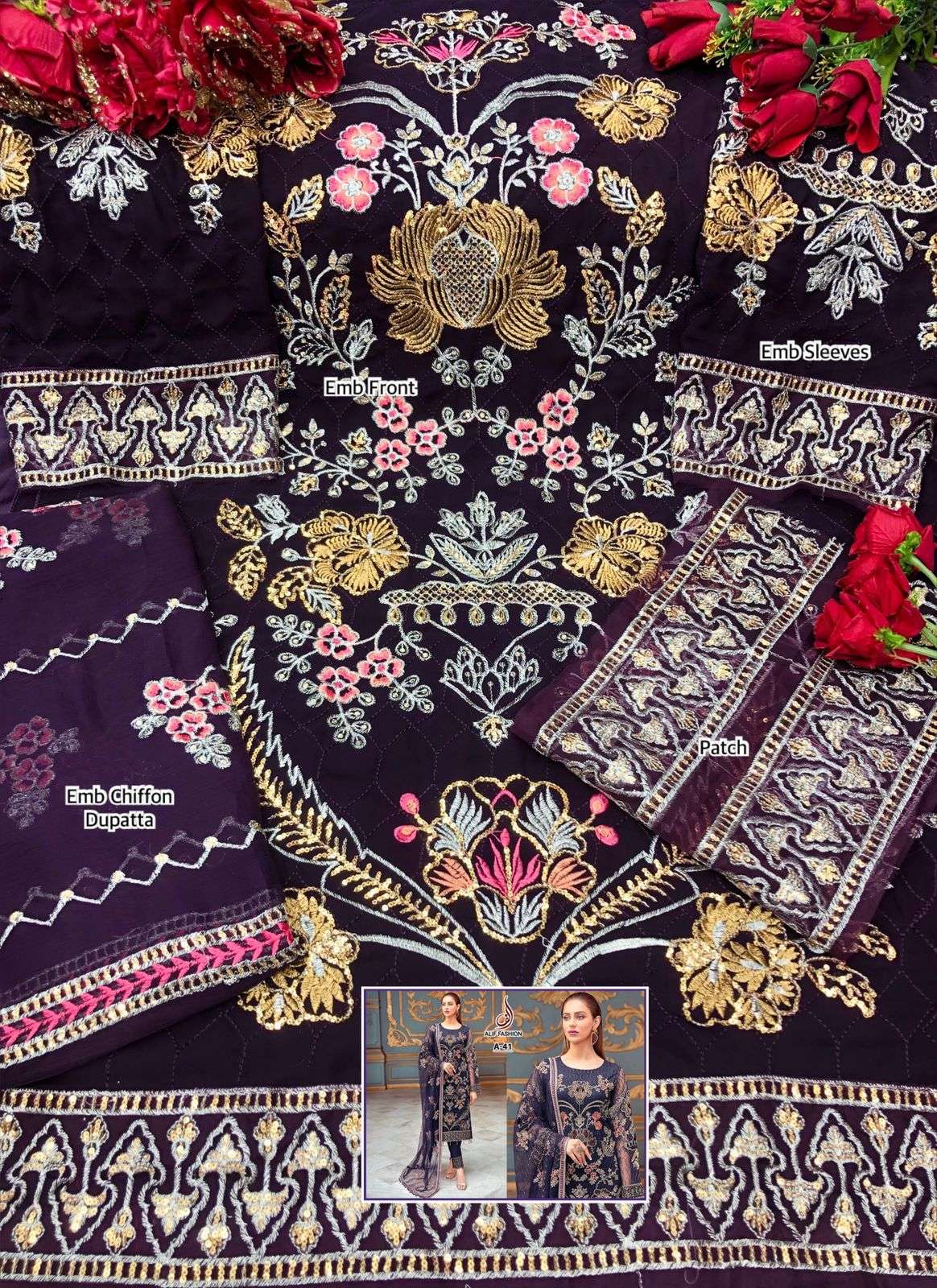 ALIF HIT DESIGN A-41 BY ALIF FASHION PAKISTANI SUITS BEAUTIFUL FANCY COLORFUL STYLISH PARTY WEAR & OCCASIONAL WEAR FAUX GEORGETTE EMBROIDERY DRESSES AT WHOLESALE PRICE
