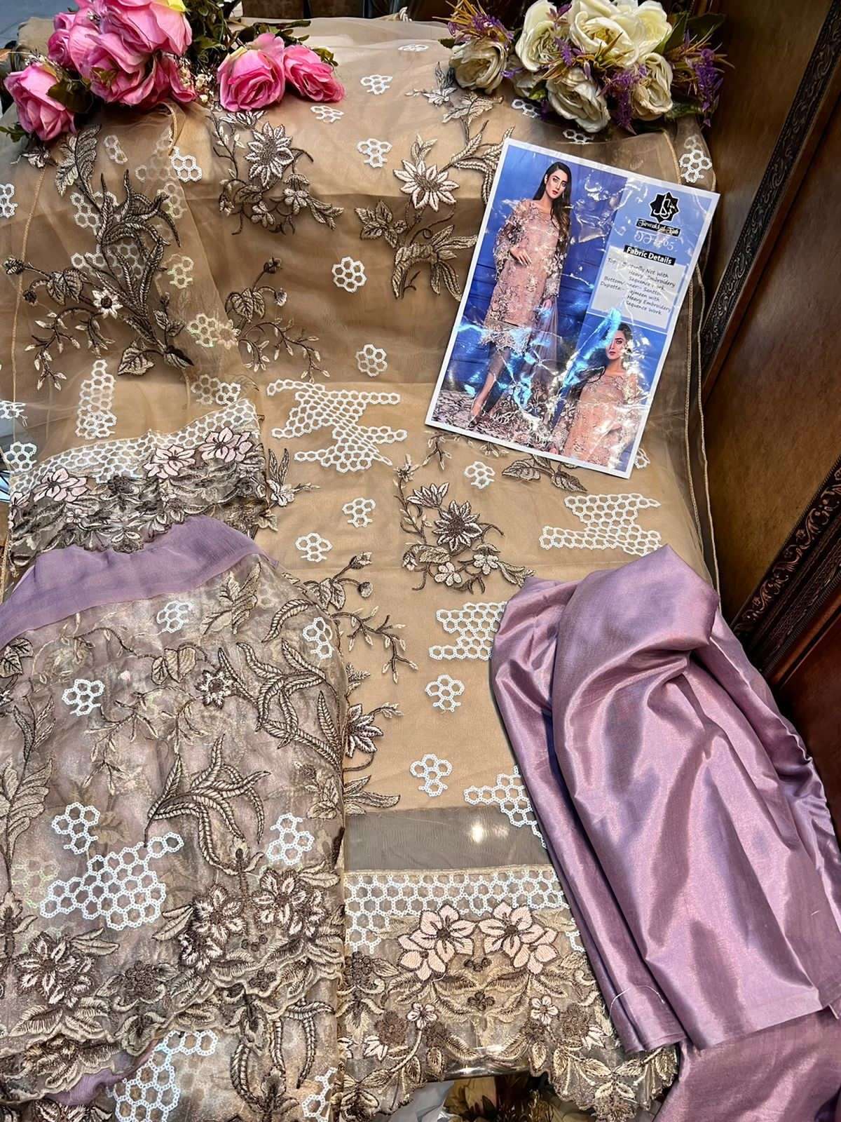TAWAKKAL FAB HIT DESIGN 05 BY TAWAKKAL FAB PAKISTANI STYLISH BEAUTIFUL COLOURFUL PRINTED & EMBROIDERED PARTY WEAR & OCCASIONAL WEAR BUTTERFLY NET EMBROIDERED DRESSES AT WHOLESALE PRICE
