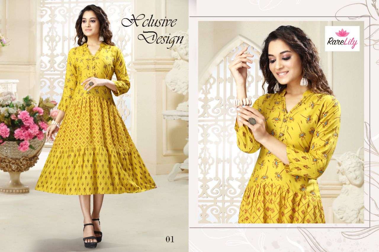KIARA BY RARE LILY 01 TO 06 SERIES DESIGNER STYLISH FANCY COLORFUL BEAUTIFUL PARTY WEAR & ETHNIC WEAR COLLECTION RAYON PRINT KURTIS AT WHOLESALE PRICE