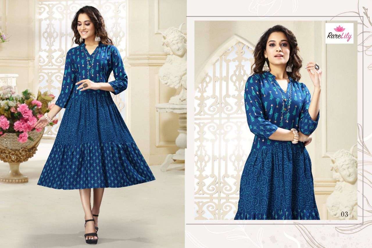 KIARA BY RARE LILY 01 TO 06 SERIES DESIGNER STYLISH FANCY COLORFUL BEAUTIFUL PARTY WEAR & ETHNIC WEAR COLLECTION RAYON PRINT KURTIS AT WHOLESALE PRICE