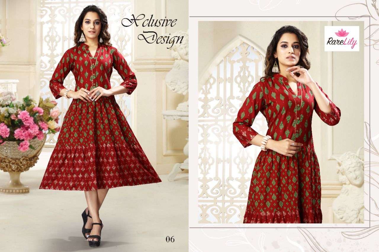 KIARA BY RARE LILY 01 TO 06 SERIES DESIGNER STYLISH FANCY COLORFUL BEAUTIFUL PARTY WEAR & ETHNIC WEAR COLLECTION RAYON PRINT KURTIS AT WHOLESALE PRICE