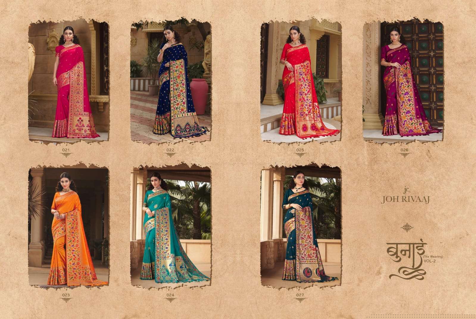 BUNAI VOL-2 BY JOH RIVAAJ 021 TO 027 SERIES INDIAN TRADITIONAL WEAR COLLECTION BEAUTIFUL STYLISH FANCY COLORFUL PARTY WEAR & OCCASIONAL WEAR SILK SAREES AT WHOLESALE PRICE
