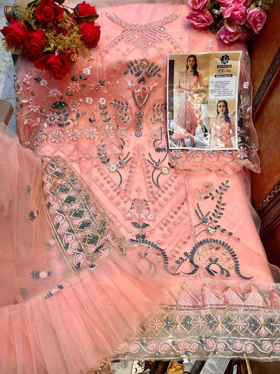 TAWAKKAL FAB HIT DESIGN 06 BY TAWAKKAL FAB PAKISTANI STYLISH BEAUTIFUL COLOURFUL PRINTED & EMBROIDERED PARTY WEAR & OCCASIONAL WEAR BUTTERFLY NET EMBROIDERED DRESSES AT WHOLESALE PRICE